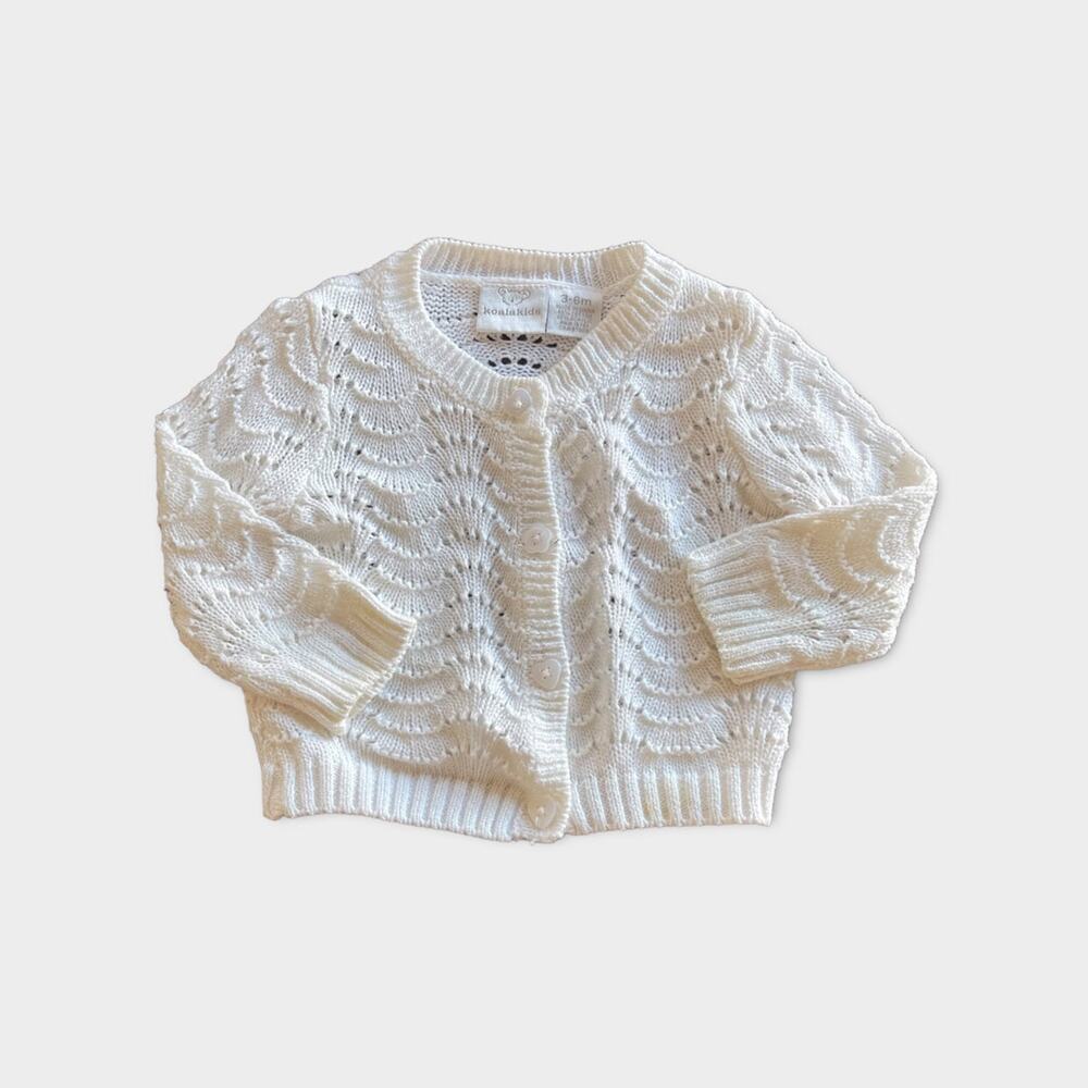 Infant Baby White Eyelet Cardigan Sweater Flower & Heart Buttons 3-6mos